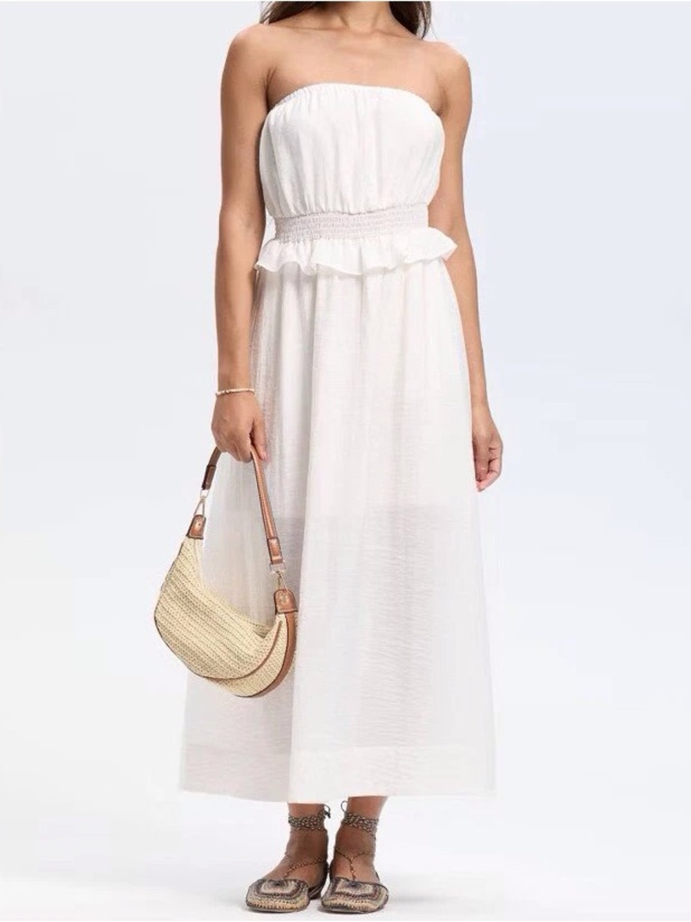 Elegant Strapless White Maxi Dress with Smocked Waist